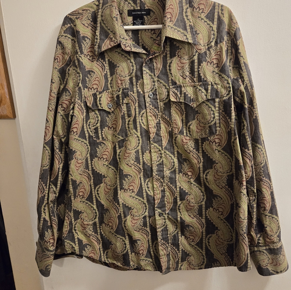 Men's Calvin Klein Shirt Large Green Long Sleeve Paisley Button Up Casual